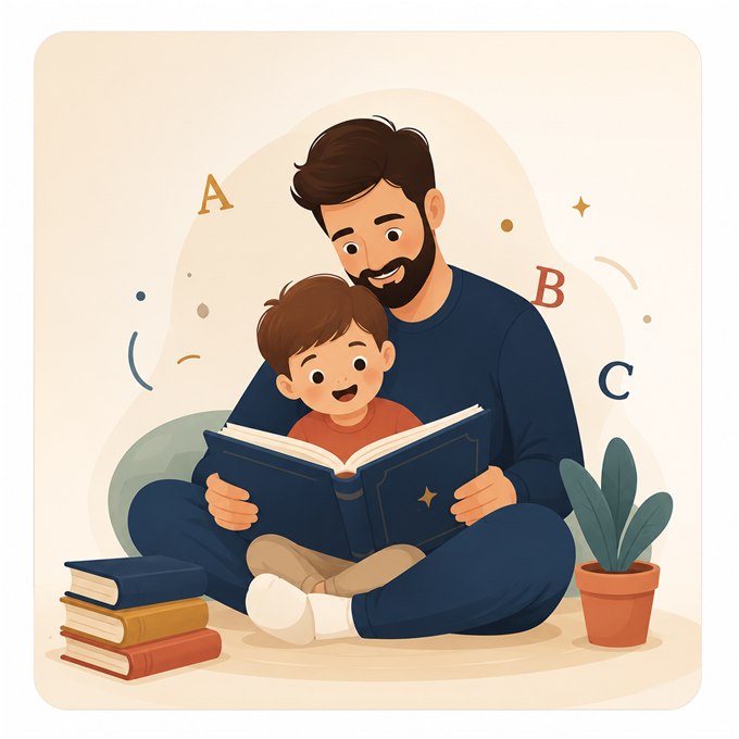 Ilustração: pai a ler um livro com o filho ao colo
